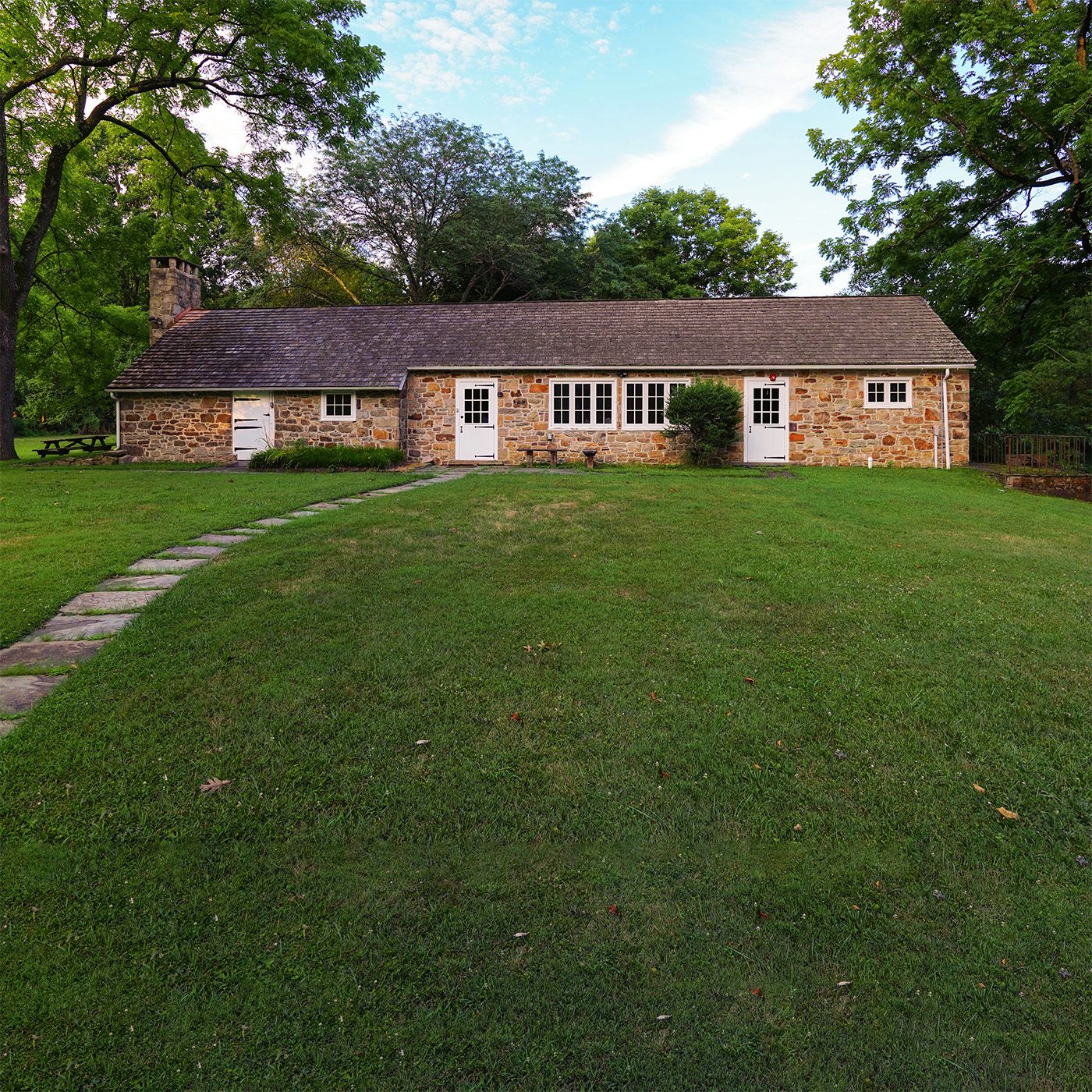 Exterior view of Solebury Friends Meeting porch roof and sky